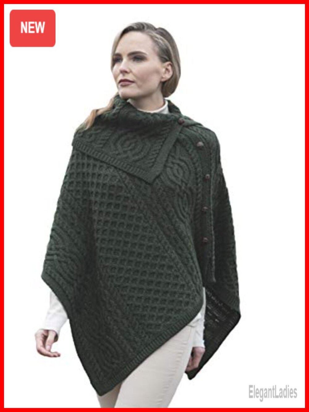 Merino Wool Cable Knit Buttoned Cowl Neck Poncho